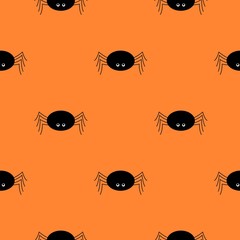 Halloween black spider pattern orange background, seamless vector texture, for textile, wallpaper and gift wrapping paper using