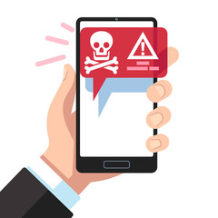 Virus notification on smartphone screen. Dangerous hacker alert message. Spam attack malware scam apps, error message. Vector design