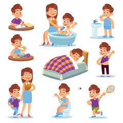 Daily mother. Happy children play with mom and walking active, school kid vector cartoon character set