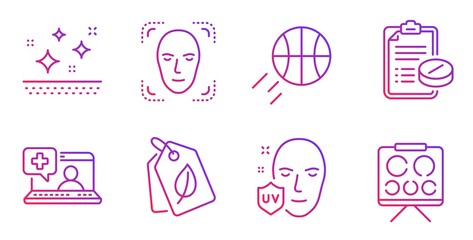 Medical prescription, Basketball and Clean skin line icons set. Face detection, Bio tags and Uv protection signs. Medical help, Vision board symbols. Medicine drugs, Sport ball. Vector
