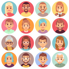 Cartoon avatars. People of different sexes, ages and races. Face avatars of multicultural characters portraits. Human heads vector set