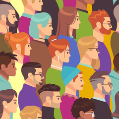 Crowd seamless pattern. Different people group, young men and women. Human heads in profile, population wallpaper vector texture