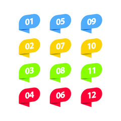 Number Bullet Point 1 to 12 Colorful Label Ribbons Set. Vector illustration
