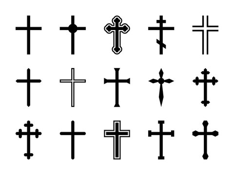 Christian cross. Jesus Christ crucifix, different shapes of orthodox and catalytic crosses religious silhouette signs vector set