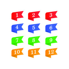 Number Bullet Point 1 to 12 Colorful Label Ribbons Set. Vector illustration