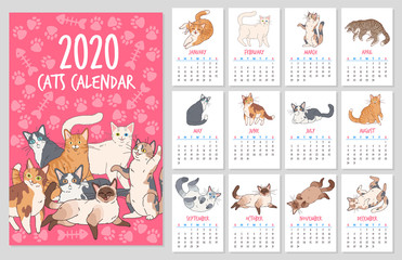 Cat calendar. 2020 year planner with cute cats, funny kitten hand drawn design Vector set