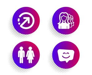Direction, Restroom and Women headhunting icons simple set. Halftone dots button. Smile face sign. Navigation pointer, Wc toilet, Women teamwork. Chat. Business set. Vector