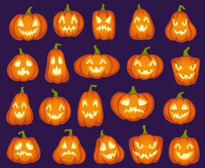 Halloween pumpkins. Orange pumpkin characters. Spooky, happy and sad, angry funny faces for halloween holiday. Cartoon vector set