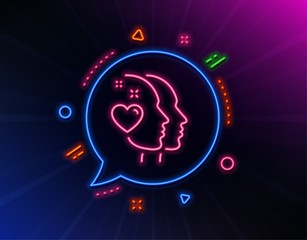 Heart line icon. Neon laser lights. Couple love emotion sign. Valentine day symbol. Glow laser speech bubble. Neon lights chat bubble. Banner badge with heart icon. Vector