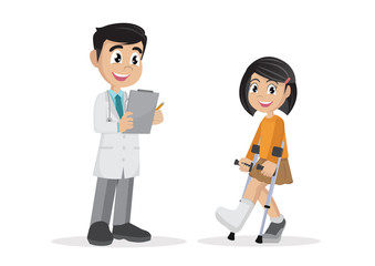 The girl with a plastered leg and crutches next to the doctor.
