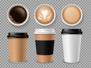 Top view of coffee cup. Espresso and latte or cappuccino in takeaway paper cups isolated vector professional different model set