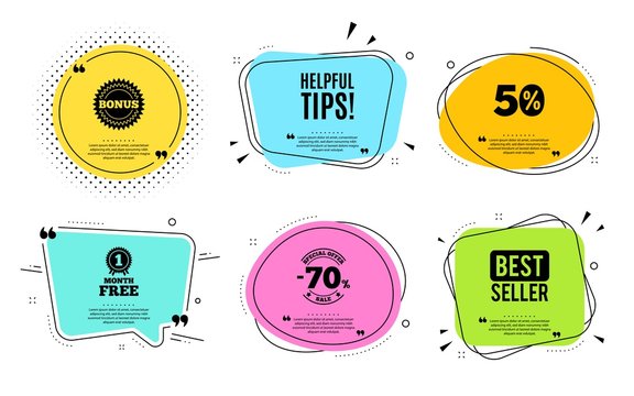 Helpful tips symbol. Best seller, quote text. Education faq sign. Help assistance. Quotation bubble. Banner badge, texting quote boxes. Helpful tips text. Coupon offer. Vector