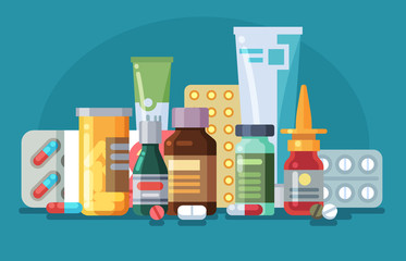Medicine. Pills, capsules and glass meds bottles with medicine, tubes with ointment, medication spray. Pharmacological vector concept