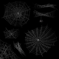 Cobweb. Spider web halloween decor elements, gossamer trap. Spooky fearful and horror silhouettes for tattoo realistic vector set