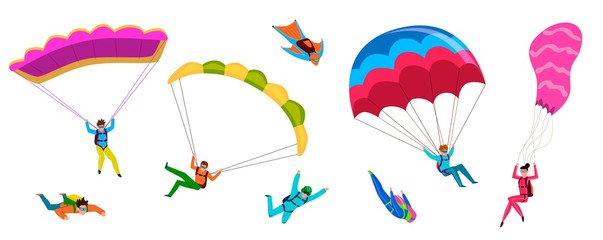 Skydivers. Professional skydiving, people jump with parachute, fly with paraglider. Active lifestyle hobby cartoon vector characters