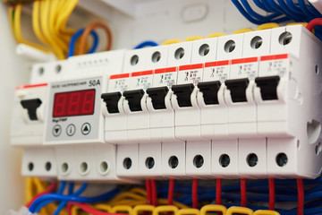 Fuse box, power supply circuit breakers. Voltage switchboard with electric automatic. Control panel electrical switches home electrical network.