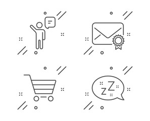 Agent, Market sale and Verified mail line icons set. Sleep sign. Business person, Customer buying, Confirmed e-mail. Zzz bubble. Technology set. Line agent outline icon. Vector