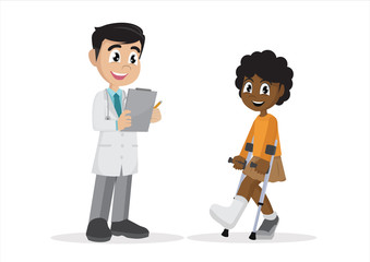 The African girl with a plastered leg and crutches next to the doctor.
