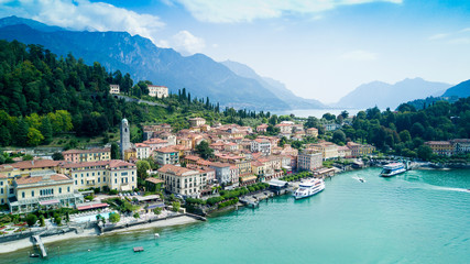 Aerial photo shooting with drone on Bellagio, famous Lombardia city on the Como Lario Lake - obrazy, fototapety, plakaty