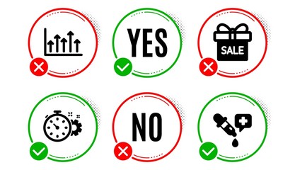 Fototapeta premium Cogwheel timer, Sale offer and Growth chart icons simple set. Yes no check box. Chemistry pipette sign. Engineering tool, Gift box, Upper arrows. Laboratory. Business set. Cogwheel timer icon. Vector