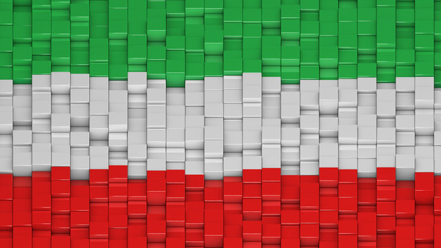 Iranian civil flag made of cubes in a random pattern.