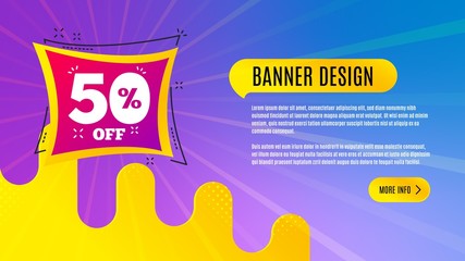 Sale 50% off badge. Discount banner shape. Coupon bubble icon. Abstract background design. Banner with offer badge. Vector