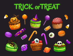 Cartoon holiday sweets. Spooky Halloween treats set.