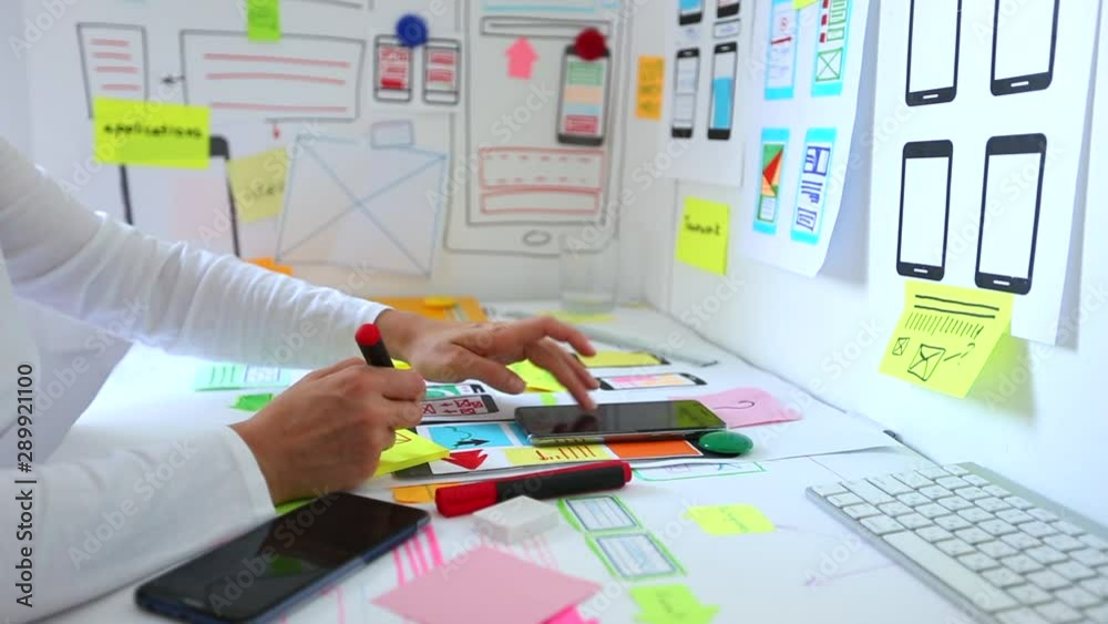 Poster Web designer is developing an application for mobile phones. Creating a layout of the user interface functions of smartphones.  