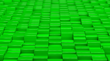 Grid of green cubes. Wide shot. 3D computer generated background image.