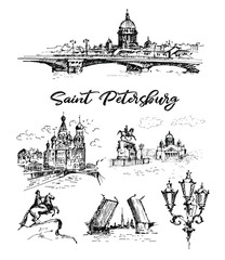 Fototapeta premium Hand drawn different landmarks of Saint Petersburg. Sketches on white background.