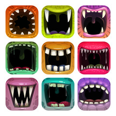 Scary mouth icons. App icon set for game logo design.