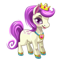 Little cute cartoon pony princess. Pretty horse with purple hair.