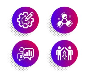 Seo statistics, Chemistry molecule and Settings gear icons simple set. Halftone dots button. Partnership sign. Analytics chart, Laboratory atom, Technology process. Business startup. Vector