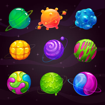 Cartoon colorful slime planets set. Fantasy alien slimy planet on the space background.