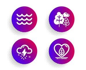 Thunderstorm weather, Waves and Tree icons simple set. Halftone dots button. Local grown sign. Thunder bolt, Water wave, Forest plants. Organic tested. Nature set. Vector