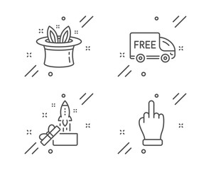 Free delivery, Hat-trick and Innovation line icons set. Middle finger sign. Shopping truck, Magic hat, Crowdfunding. Gesture. Business set. Line free delivery outline icon. Vector