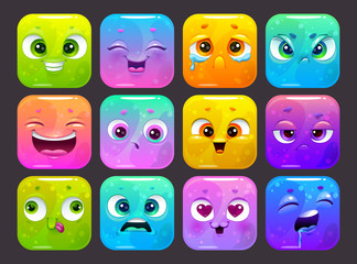 Funny carton square faces set. Colorful emoji stickers, isolated GUI assets on dark background.