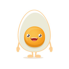 vector funny cartoon cute smiling tiny boiled egg character isolated on white background. Morning food flat funky character on white