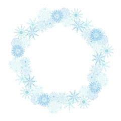 Watercolor hand painted winter frozen circle wreath frame with different blue snowflakes on the white background for christmas invitations, holidays new year postcard with the space for text