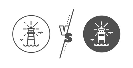 Beacon tower sign. Versus concept. Lighthouse line icon. Searchlight building symbol. Line vs classic lighthouse icon. Vector