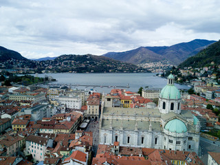 Obraz premium Aerial photo shooting with drone on Como, famous Lombardia city on the Como Lario Lake