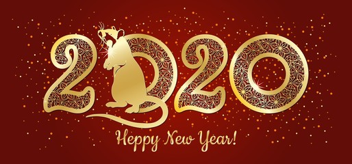 Chinese new year 2020 year of the rat , red and gold paper cut rat character, flower and asian elements with craft style on background.