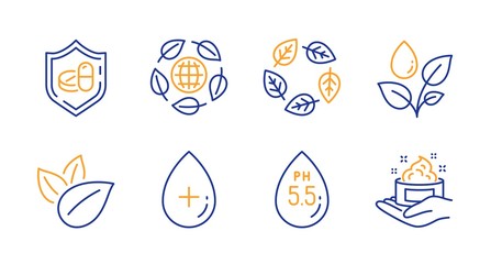 Oil serum, Eco organic and Plants watering line icons set. Medical tablet, Organic product and Ph neutral signs. Skin care symbol. Cosmetic care, Bio ingredients. Healthcare set. Vector