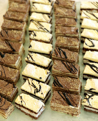 Variety of tasty appetizing sweet desserts with cream, berries and pastry on the grand wedding table.