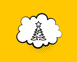 Christmas tree present line icon. Comic speech bubble. New year spruce sign. Fir-tree symbol. Yellow background with chat bubble. Christmas tree icon. Colorful banner. Vector