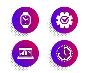 Graph laptop, Cogwheel and Smartwatch icons simple set. Halftone dots button. Time sign. Mobile report, Engineering tool, Digital time. Clock. Technology set. Classic flat graph laptop icon. Vector