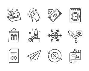 Set of Business icons, such as Paper plane, Air conditioning, Journey path, Washing machine, Sale, Brainstorming, Innovation, Holidays shopping, Reject refresh, View document line icons. Vector
