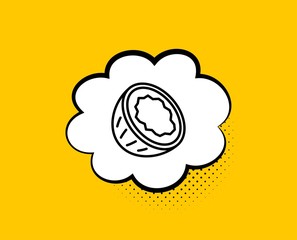 Coconut line icon. Comic speech bubble. Tasty nut sign. Vegan food symbol. Yellow background with chat bubble. Coconut icon. Colorful banner. Vector