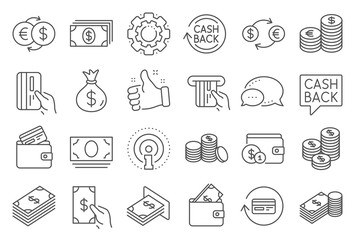Money line icons. Set of Banking, Wallet and Coins icons. Credit card, Currency exchange and Cashback money service. Euro and Dollar, Cash wallet, exchange. Banking credit card, atm payment. Vector - obrazy, fototapety, plakaty