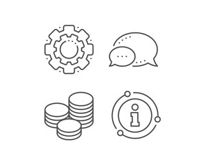 Coins money line icon. Chat bubble, info sign elements. Banking currency sign. Cash symbol. Linear tips outline icon. Information bubble. Vector